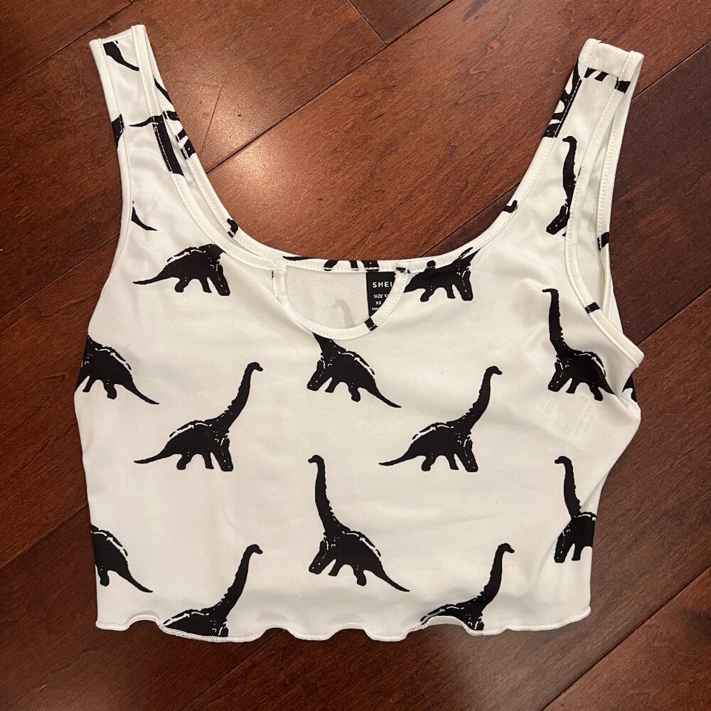 Dinosaur Notched Cropped White Tank Top - XS